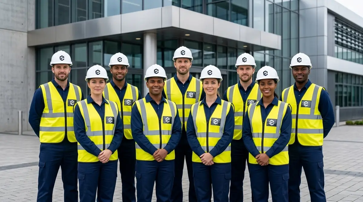 Equipo de Exproser con uniforme y casco de la empresa